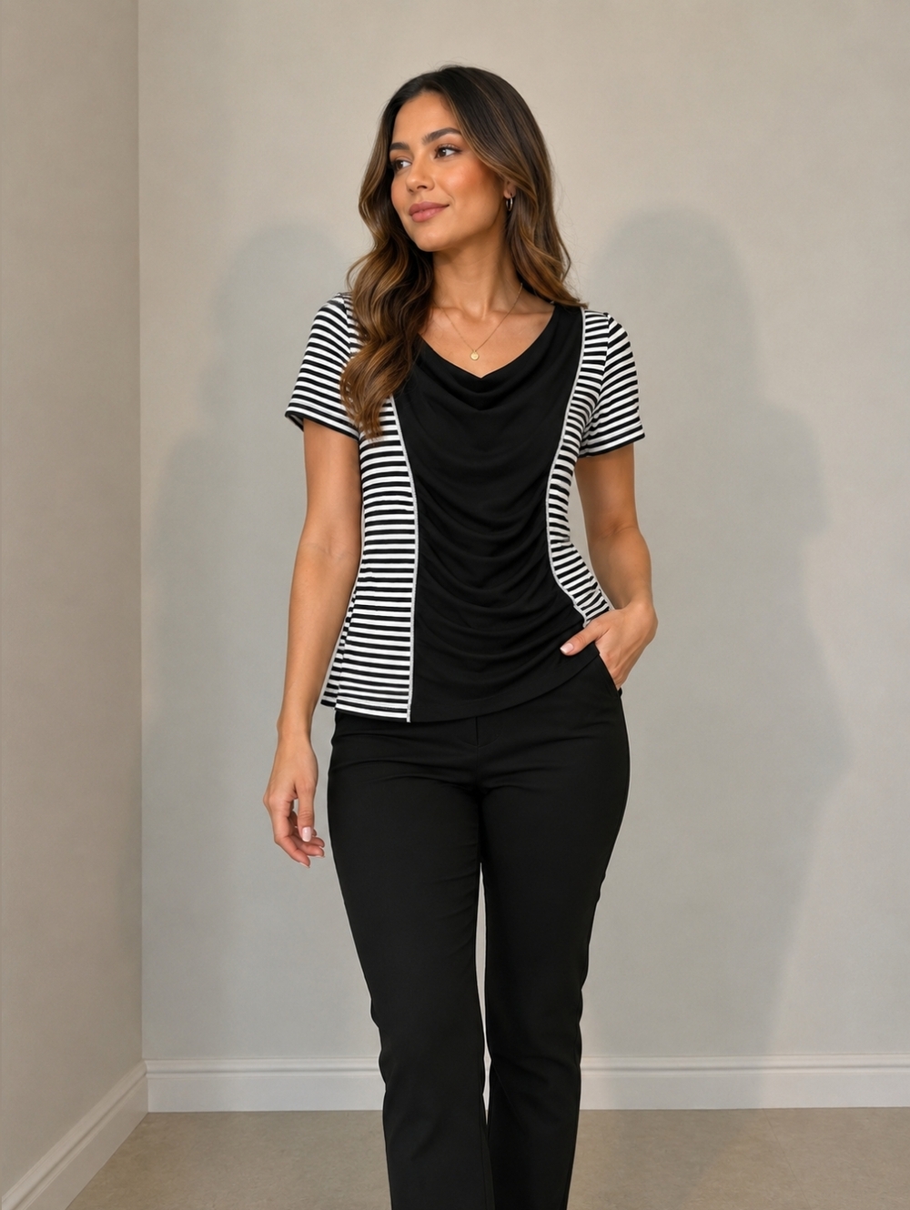 Women’s Black & White Striped Ruched Front Blouse